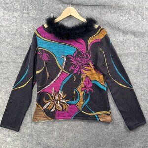 Ruby Cho Top Womens M Silk Blend Fur Collar Metallic Sequin Formal Floral Artsy